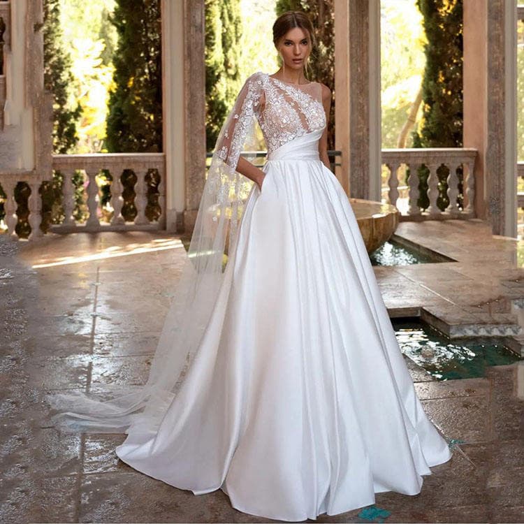 Embroidery 2026 New Style Simple Wedding Dress Sleeveless Ribbon Embroidery Lace Satin Patchwork Wedding Dress