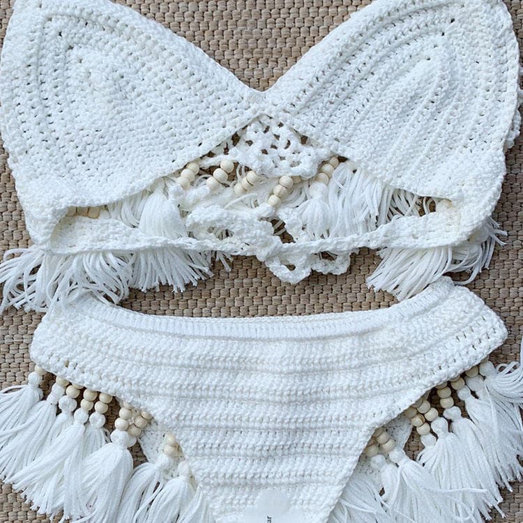 Hand Made Two Piece Swimwear Bathing Suit With Tassel Women White Color Crochet Swimwear