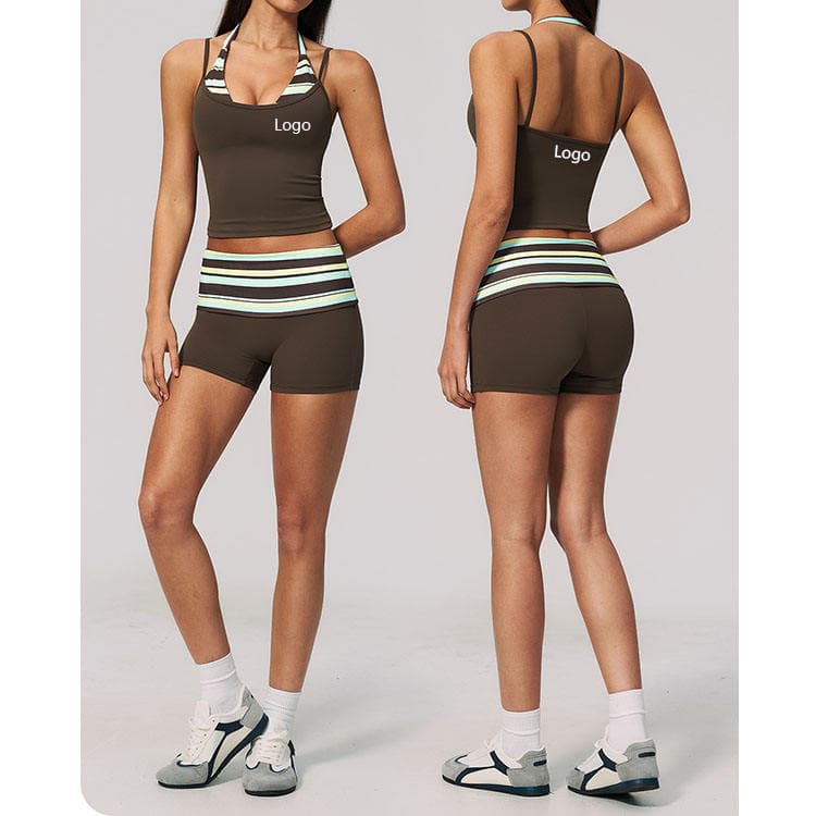 78 Nylon 22 Spandex Women 2 in 1 Striped Tank Top and Shorts Fitness Yoga Set