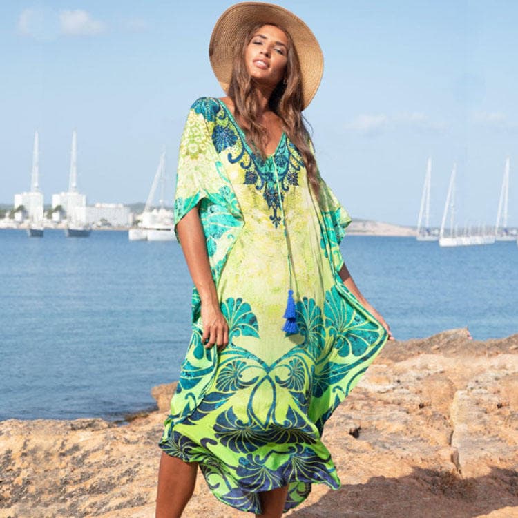 Wholesaler Rayon Positioning Printed Vacation Long Dresses Oversize Women Bikini Beach Cover up