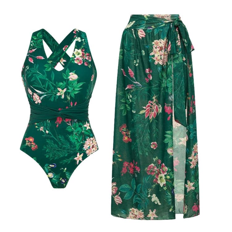New Dark Green Tropical Floral Bikini Sexy Crisscross Back One Piece Swimsuit Set for Women