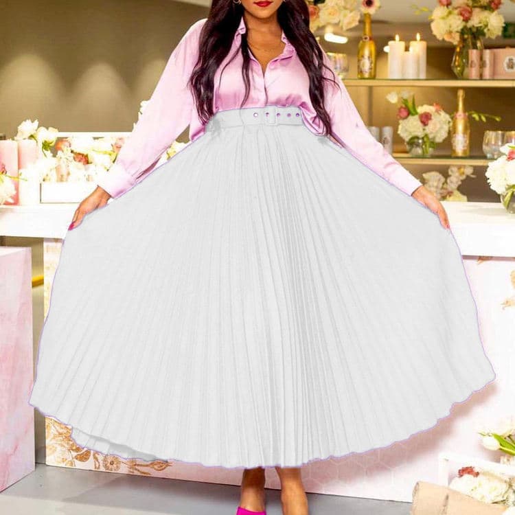 2025 Plus Size S-XXXL New Women Skirt High Waist Large Hem Midi Skirt Elegant Drapey Pleated Skirt for Women with a Belt