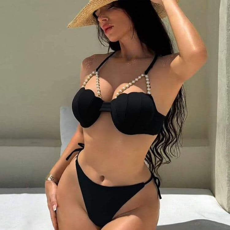 New Solid Color Halter Neck Tie-Side Swimsuit Sexy Beach Vacation Shell & Pearl Triangle Bikini for Women