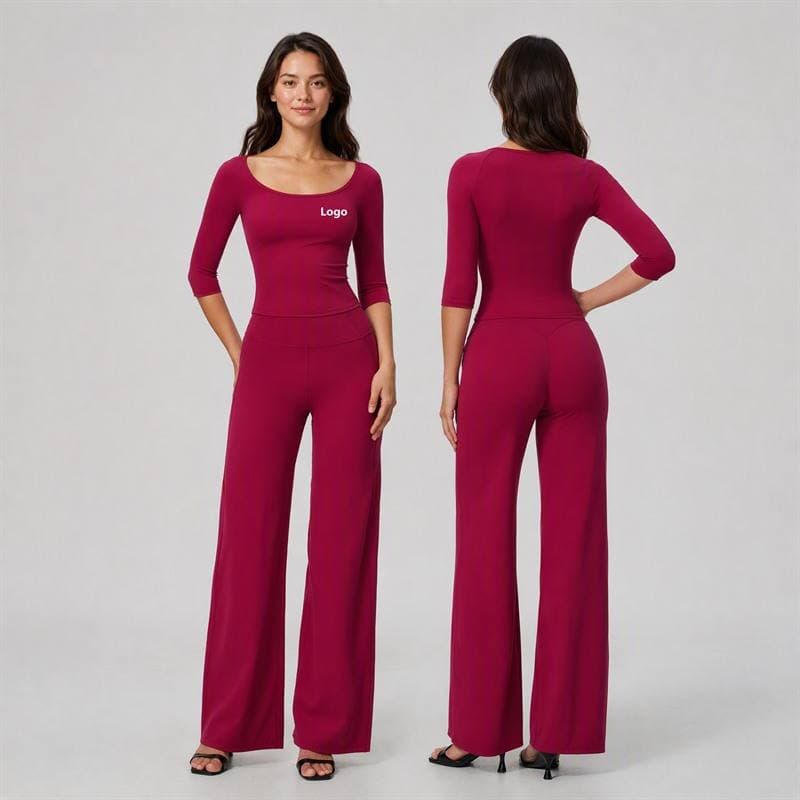 Women Half Sleeves U Neck Yoga Top and High Waist Wide Leg Straight Pants 2 Piece Quick Dry Elegant Pilates Set