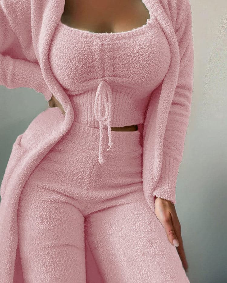 New Autumn and Winter Home Clothing Fashion Casual Plush Cardigan Long Women 3 Piece Set