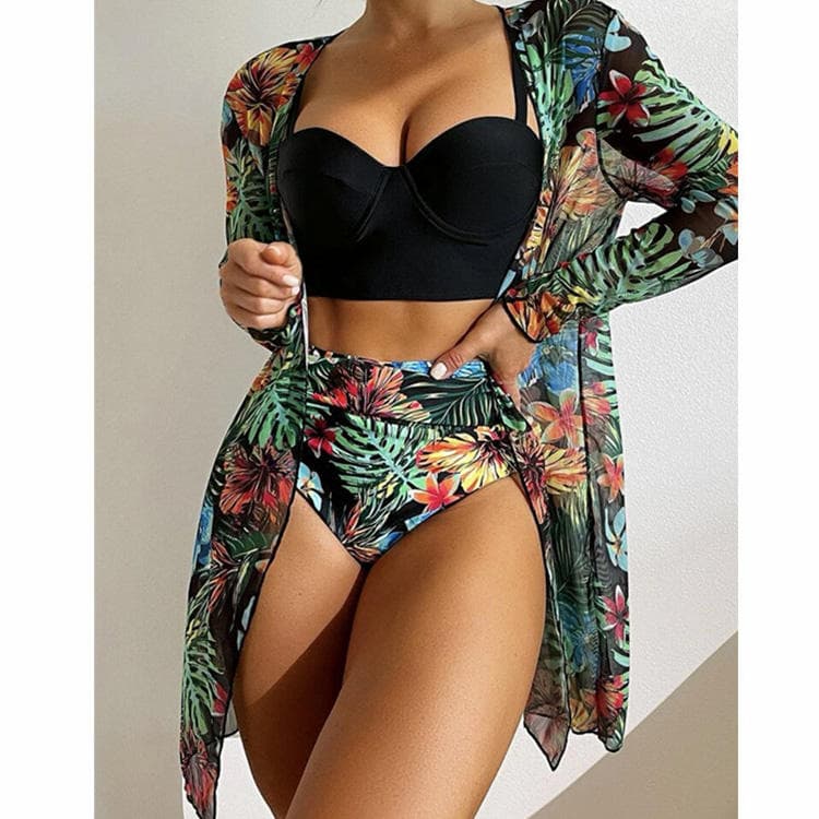 New Sexy Mesh Bikini 3 Piece Push up Swimsuit Tropical Printed Swimsuit Women
