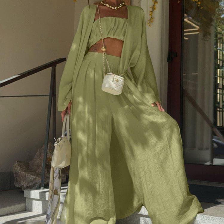 Wenshuo Fresh Long Sleeve Top Wholesale Loose Straight Leg Trousers Custom logo Casual Three Piece Set Factory Direct