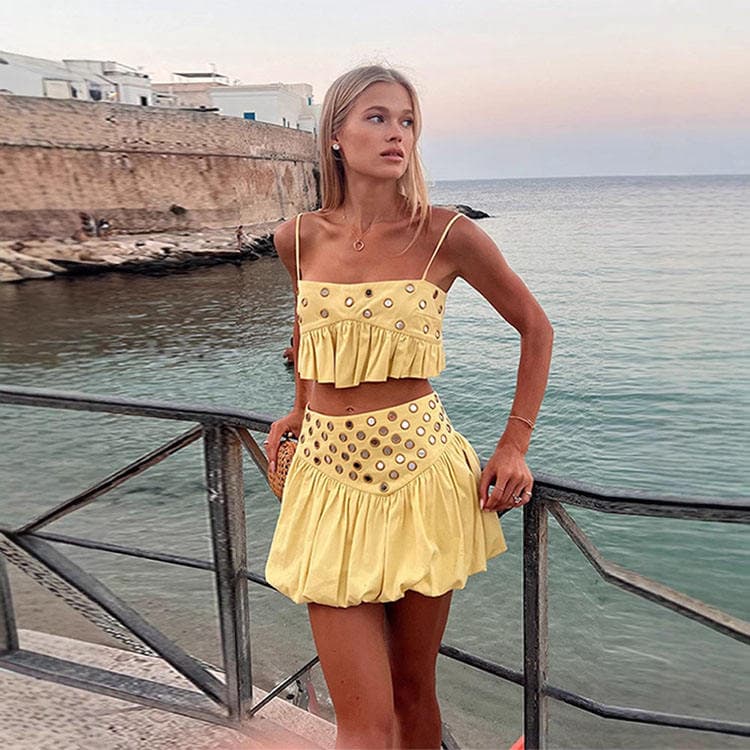 Wenshuo 2026 Summer New Women Set Metallic Trim Pleated Hem Skirt and Tank Top Set Women Sexy Set
