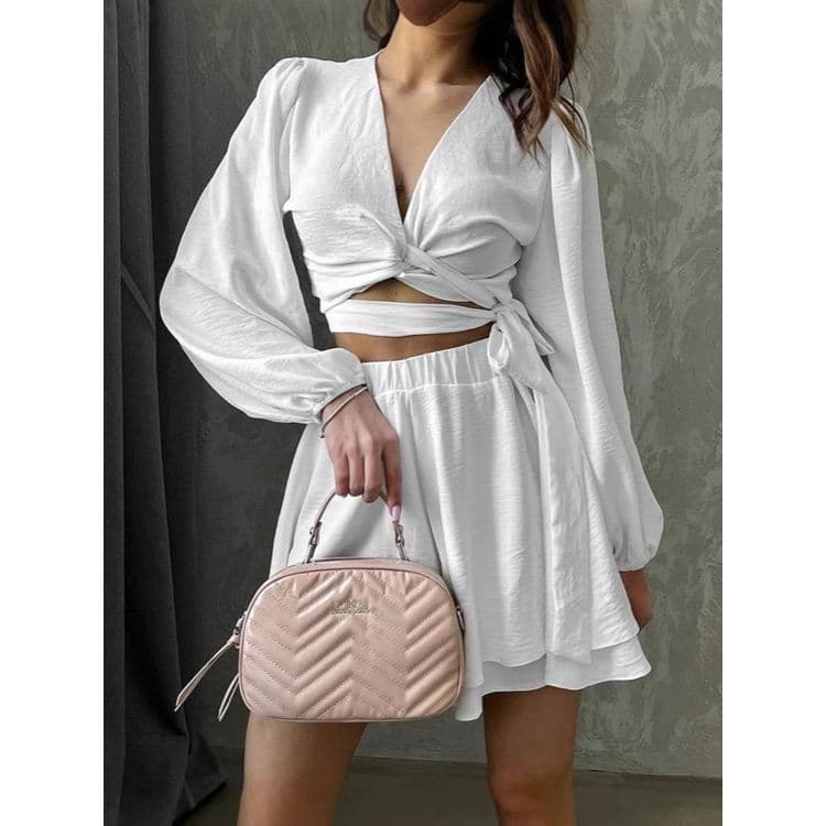 Factory Customized Wholesale Solid Color Women Sets Long Sleeve Cardigan with Belt Casual Shorts