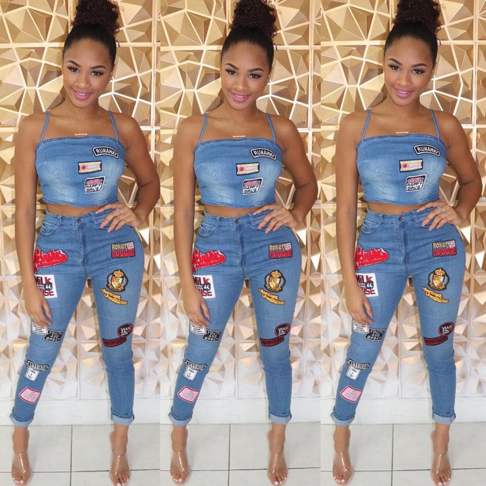 Denim Cartoon Suspender Top Wholesale Slim Fit Sexy Women Suit Manufacturer Mid Rise Denim Cuffed Trousers Factory Directly