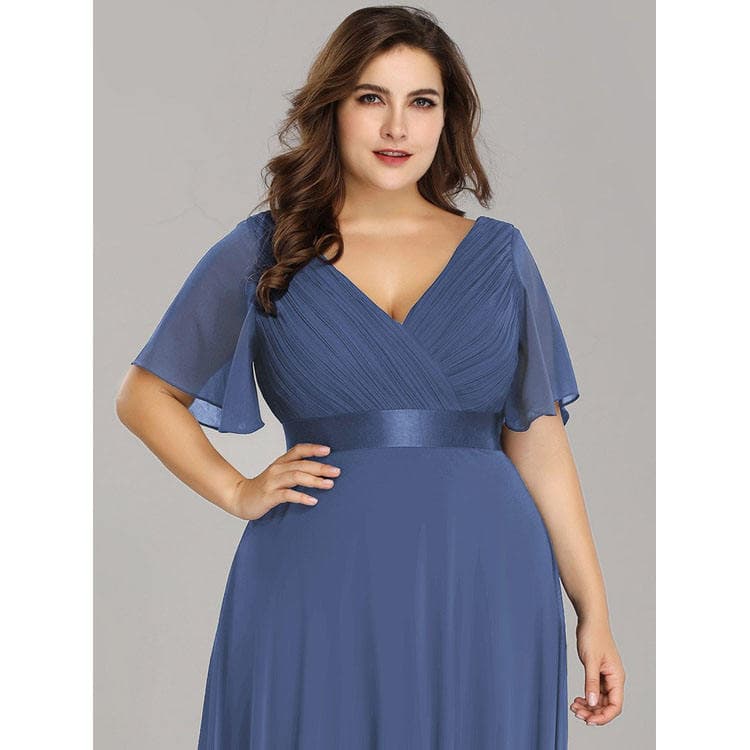 XS-2XL Plus Size Ladies Long V Neck Chiffon Solid Color Simple Sexy Bridesmaid Dress