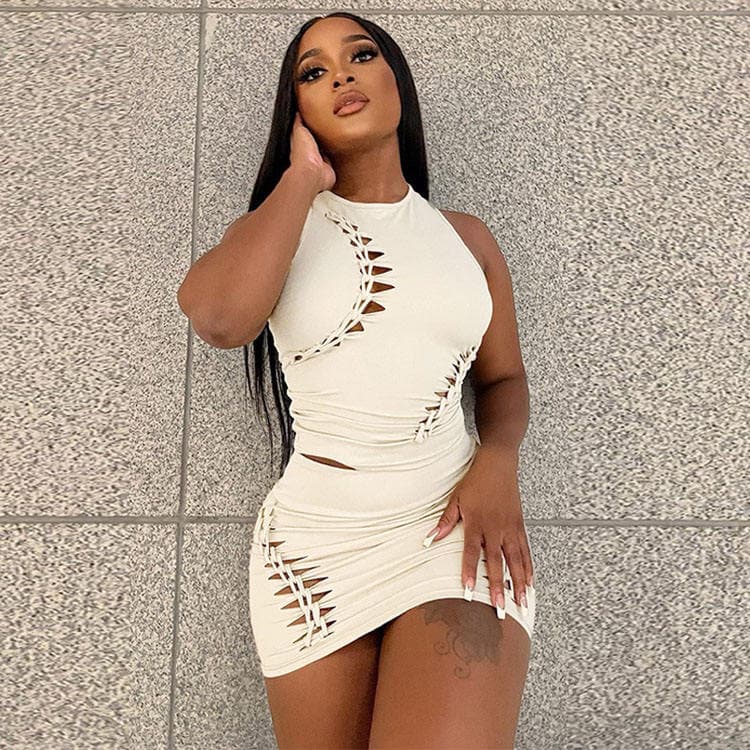 2023 Fashion Summer Skirt Solid Hollow Sleeveless Mini Skirt Sets for Women Two Pieces Knit Skirt Set Women Clothing