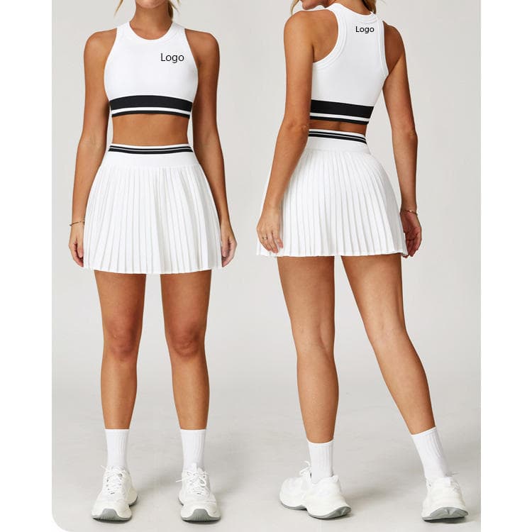 XS-XL Nude Feeling Tennis Activewear Contrast Color Top and Skirt with Shorts Inside Lightweight Elastic Yoga Set