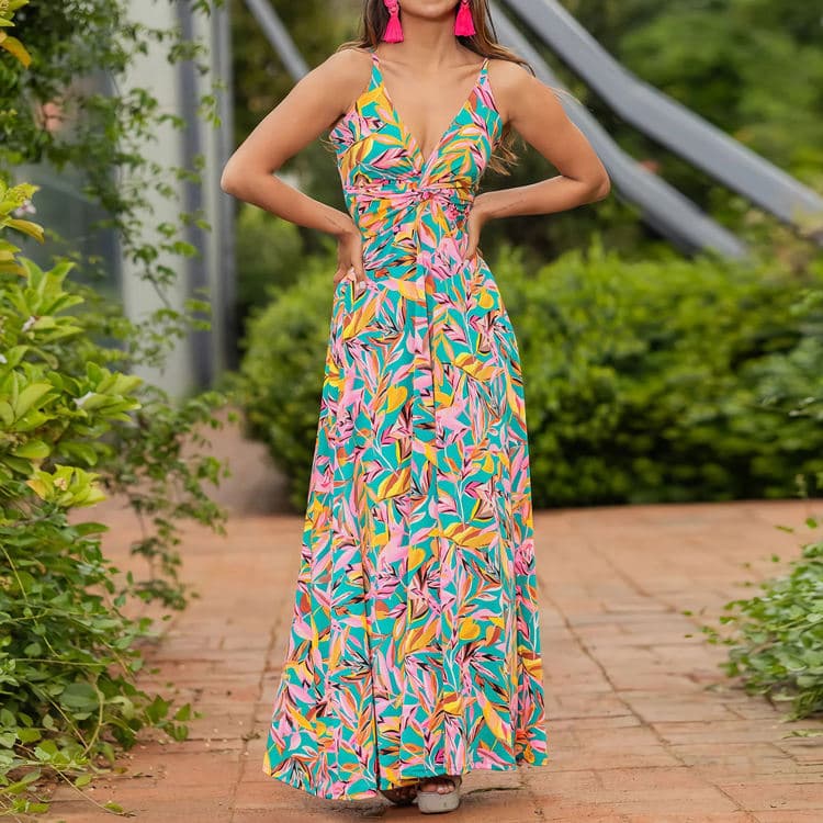 New Product Launch v Neck Spaghetti Strap Dress Elegant a Line Dress Backless Holiday Flower Printed Casual Dress