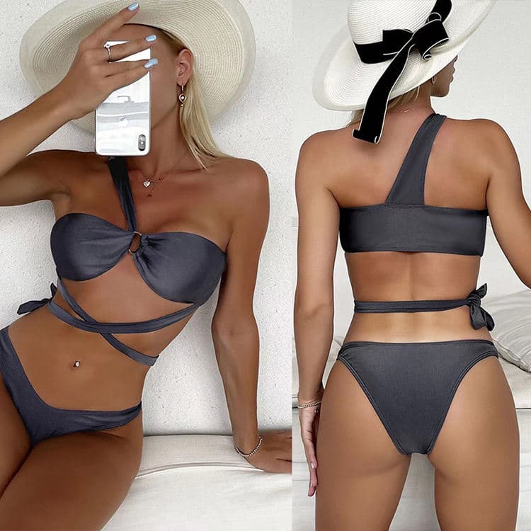 One Shoulder Asymmetric Design Women Sex Bikini Solid Color 2 Piece Bikini Set