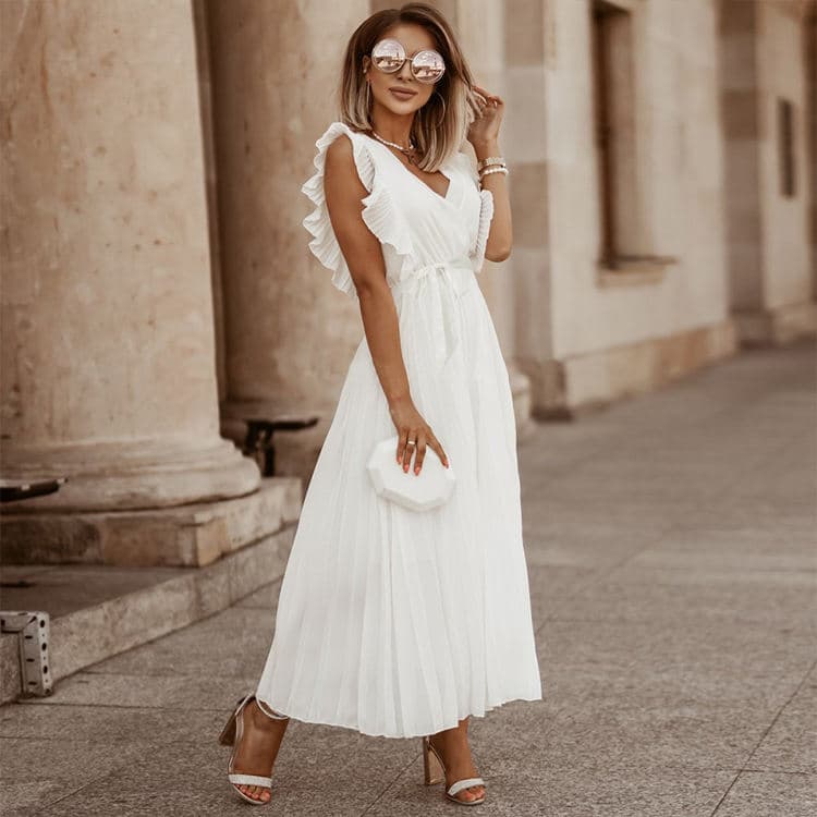 2023 New Fashion Slim Sexy Ruffle Sleeve Chiffon Pleated Skirt Solid Color Dress
