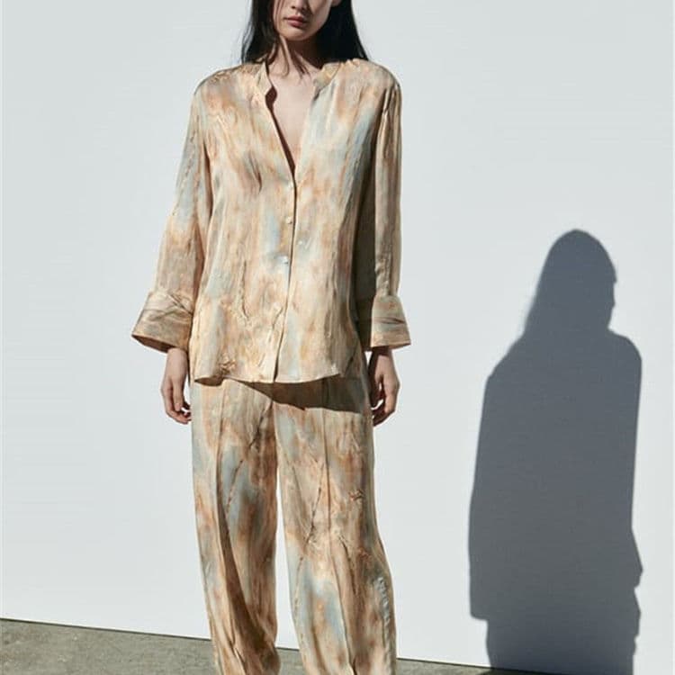 2023 Spring New Tie Dye Silk Satin Texture Printed Shirt Mid Waist Straight Leg Trousers Set