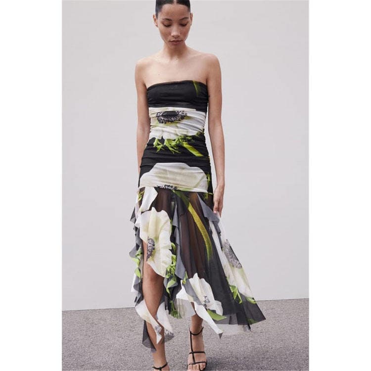Wholesale 2023 Summer New Dress Floral Printed Skirt Sexy Strapless Asymmetrical Dress Tulle Casual Dress