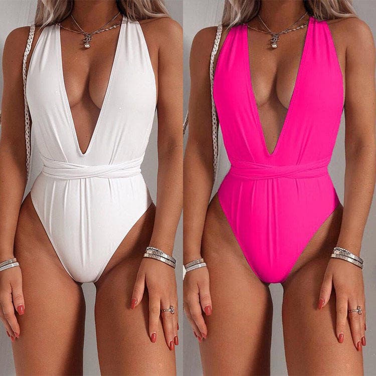 New Solid Color One Piece Swimsuit Sexy Bandage Bikini High Cut Deep V Swimsuit Beachwear
