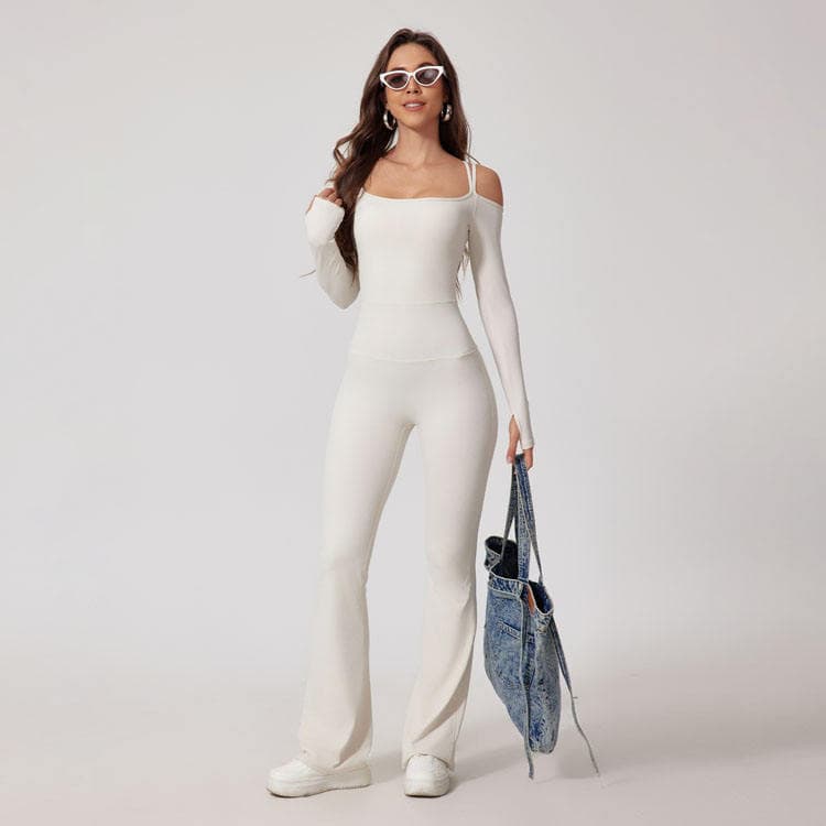 Women New Backless Jumpsuit Off Shoulder Sexy One Piece Bodysuit Long Sleeves Flared Pants Yoga Jumpsuit