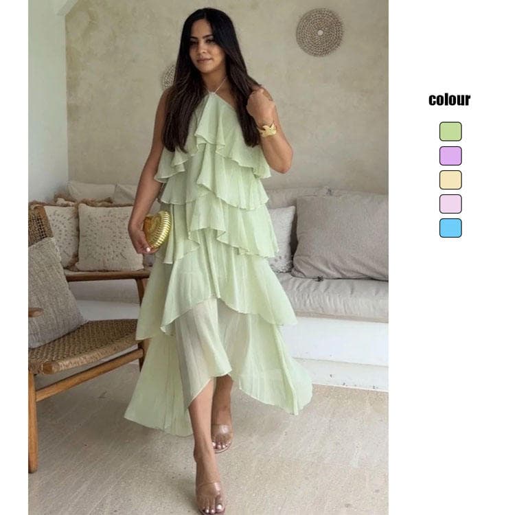 Wenshuo Halter Cake Dress Wholesale Solid Color Dress Custom logo Long Mesh Dress Factory Directly