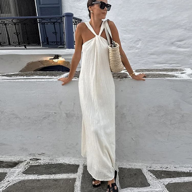 Women Sexy Lace up Long Dress White Front Twist Backless Holiday Beach Dress Women Casual Dress With Zipper