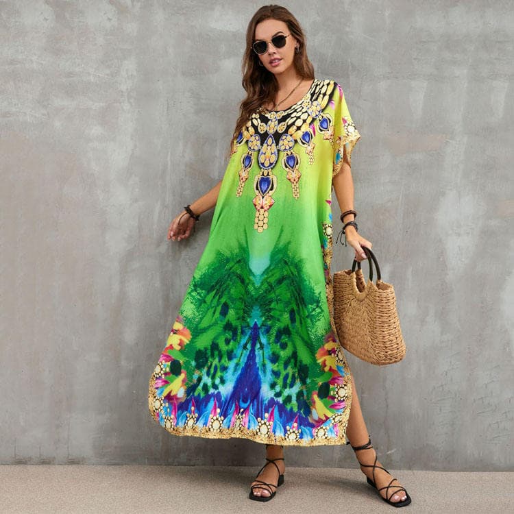 Wholesaler Loose Position Printed Holiday Long Dress Women Bikini Sun Shirt Beach Sexy Cover Ups