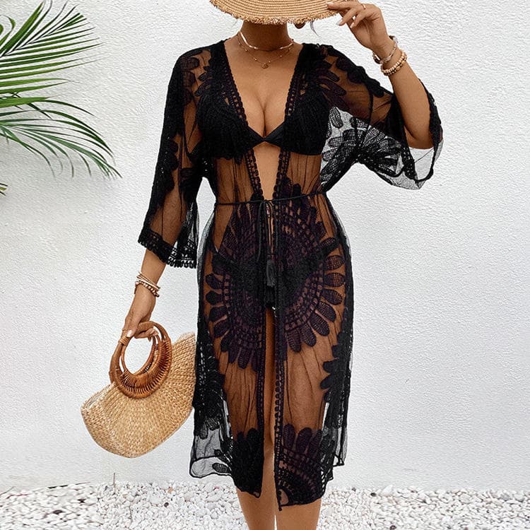 New Lace Embroidered Kimono Cardigan Swimsuit Bikini Top Beach Cover Ups