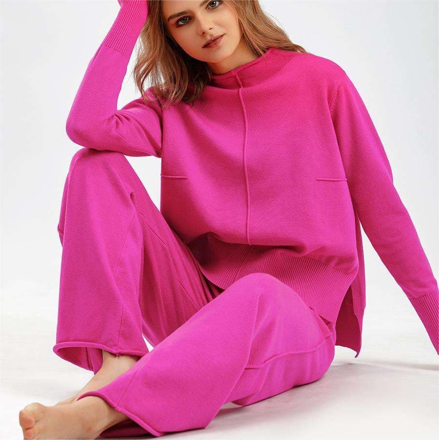Simple Knitted Casual Two Piece Suit French Minimalist Women Suit Wholesale Solid Color Loose Long Sleeve Trousers