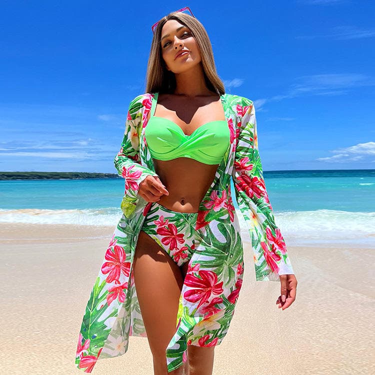 Factory Wholesale Split Three Piece Beach Cover up Floral Big Breasts Bikini Swimwear