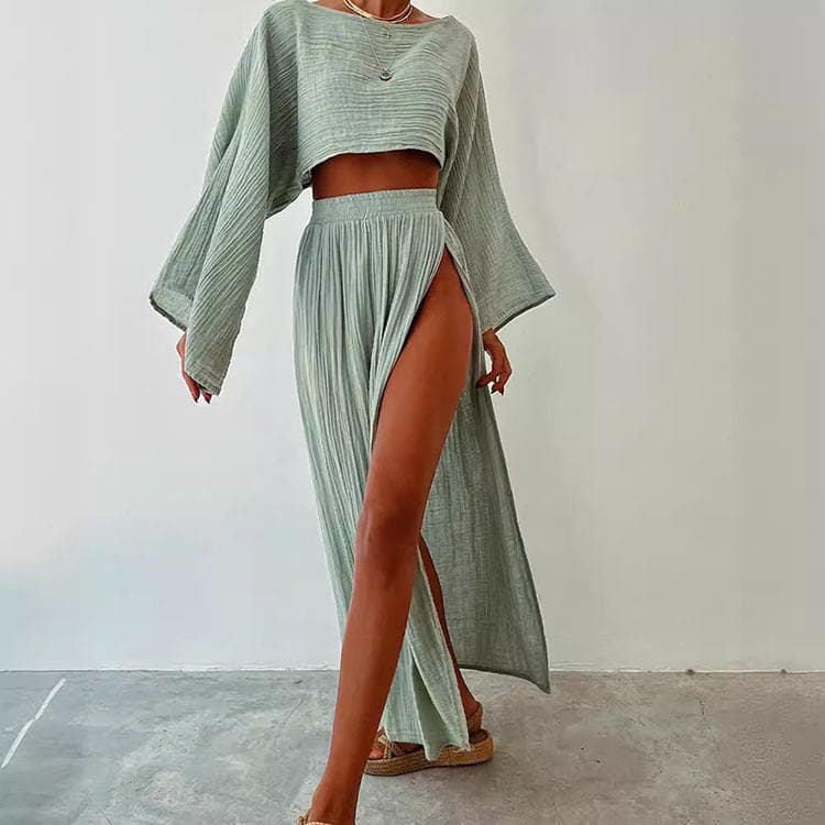 2024 Casual Vacation Linen Blended Cropped Top High Waist Slit Cotton and Linen Casual Two Piece Set