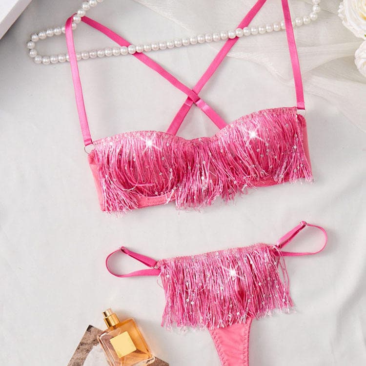 Pink Suspender Tassel Beautiful Back Gathered Bikini Fashionable Women Sexy Lingerie