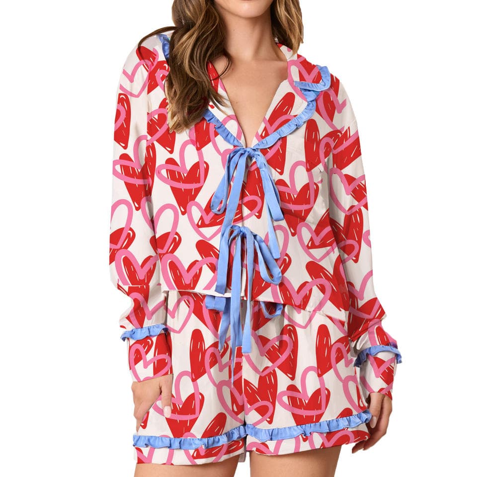 Printed Long Sleeved Pajamas Wholesale Bow Knot Pajamas Custom logo Ruffled Hem Shorts Factory Directly