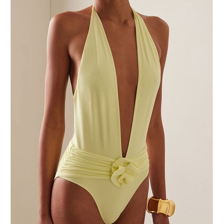Deep V Neck Romantic Summer Swimsuit 3D Floral Beachwear Swimsuit High Waist Sexy One Piece Bikini