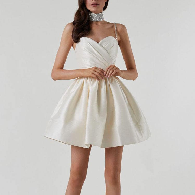 Temperament New Clothing for Women Ruched Solid Colours V Neck Mini Dress High Waist Rhinestone Strap Dress