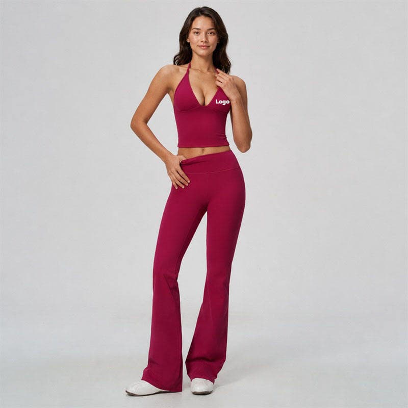Women Quick Dry Workout Set Custom Logo Tank Top and High Waist Flare Pants 2 Piece Yoga Set