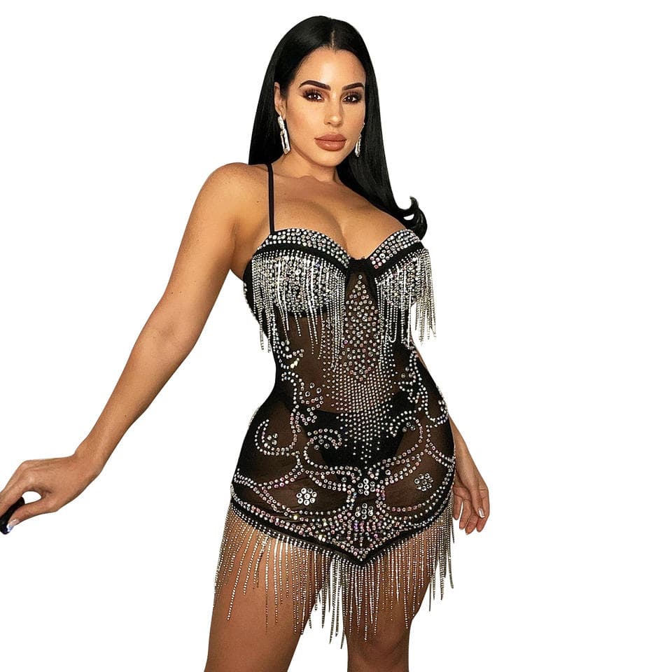 Hot Selling 2023 Dress Halter Tassel Crystal Gauze Hot Fix Translucent Skirt Womens Evening Party Dress