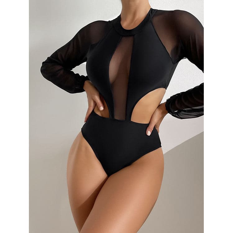 2023 New Black One Piece Swimsuit Mesh Hollow Long Sleeve Bikini