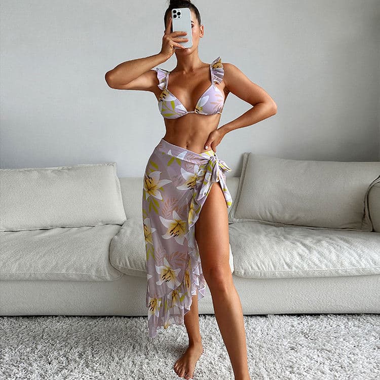New 2025 Floral Printed Sexy Ruffled Lace 3 Piece Bikini Comfort Hawaii Beach Spa Swimwear