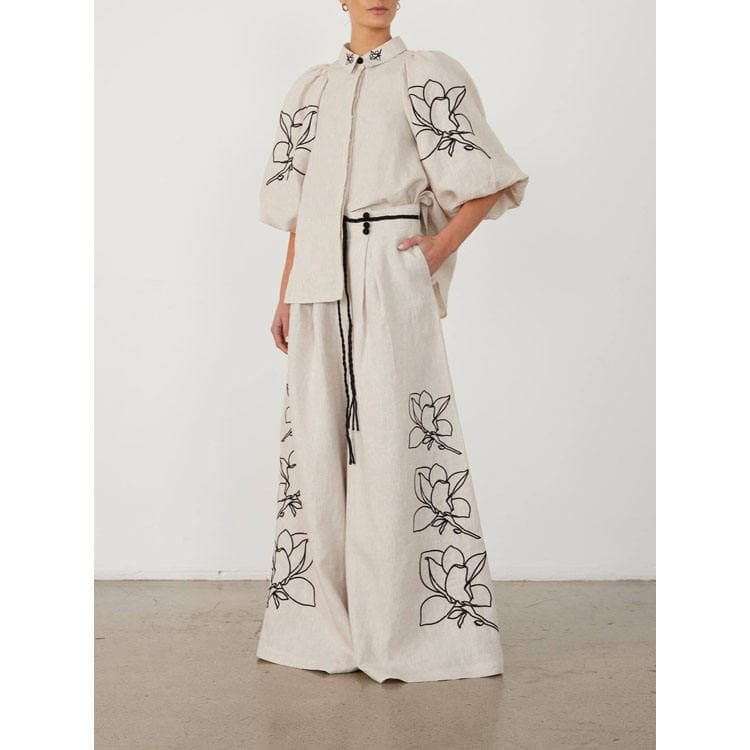High End Fashion Elegant Comfortable Cotton and Linen Printed Wide Leg Pant Women New Style Autumn Set