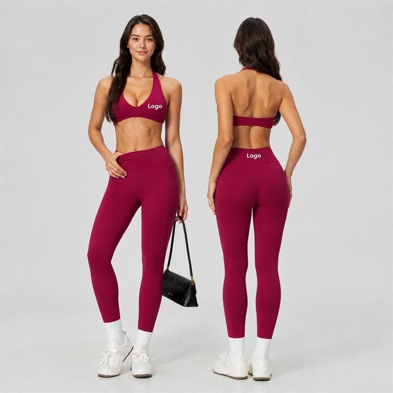 Women Gym Running Activewear Halter Sports Bra and High Waist Tummy Control Compact Legging 2 Piece Yoga Set
