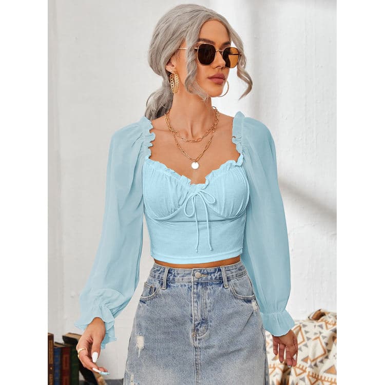 New Mushroom Edge Long Sleeve Top Tie up Elastic Slimming T-shirt Solid Color Basic Base Shirt