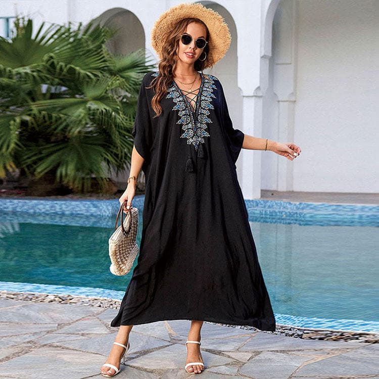 New Rayon Embroidery Vacation Robe Loose Plus Size Dress Women Beach Sunscreen Bikini Coverups