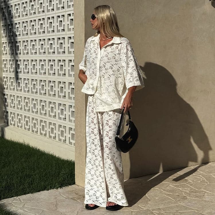 New Two Piece Beach Knit Rabbit Outfit White Beach Shorts Collared Tunic Sun Protection Set for Women