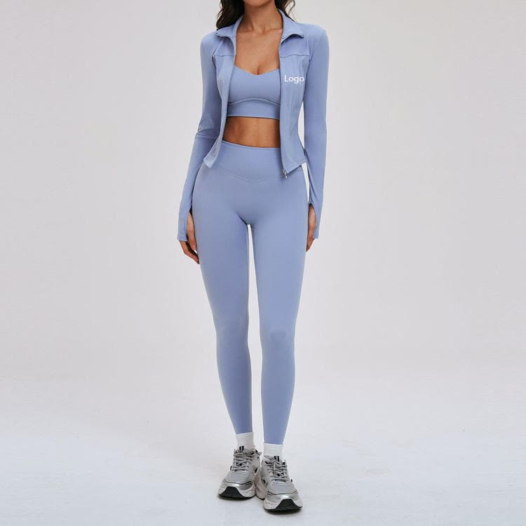 Brushed 78 Nylon 22 Spandex Plain Color Yoga Set with Jacket Long Sleeves 3 Piece Yoga Set for Women