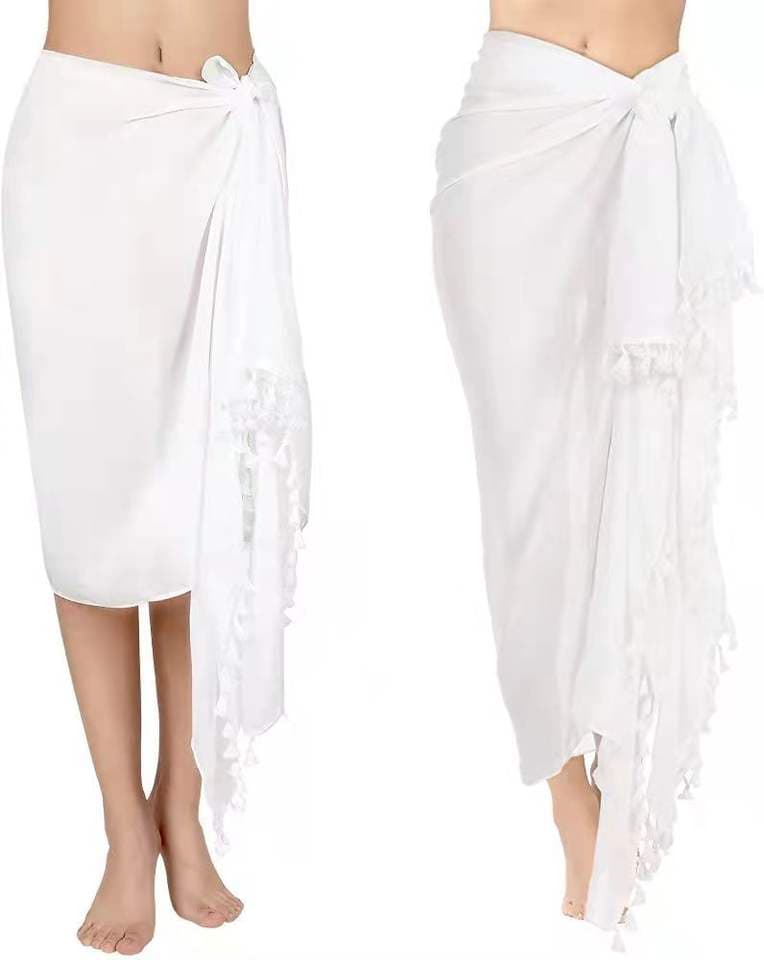 Beach Wrap Sarong Shirt White Maxi Shirt Cover-up Strap Waist Beachwear Gauze Pareo Sarong