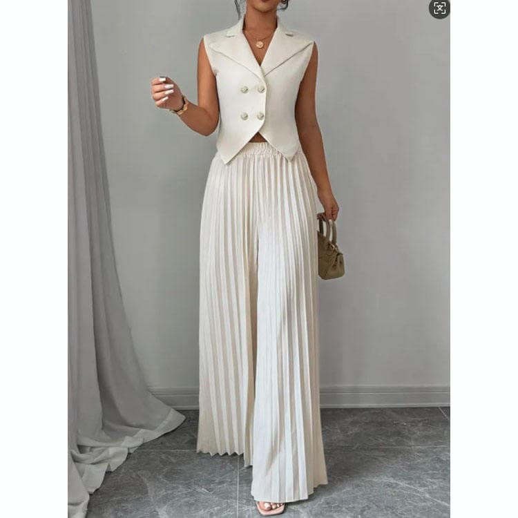 Wenshuo Button Sleeveless Vest Wholesale Pleated Straight Trousers Custom logo Solid Color Women Suit Factory Direct