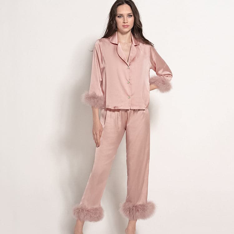 2023 Summer Feather Pajamas Fashion Short Top V-Neck Two Piece Silk Home Fur Set for Women