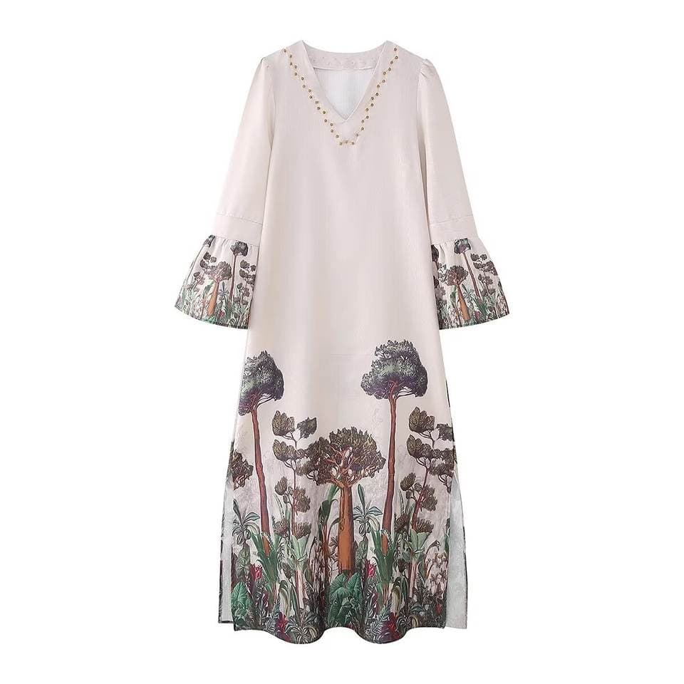 Graphic Print Dress Wholesale V Neck Long Sleeve Dress Manufacturer Split Long Dress Factory Directly