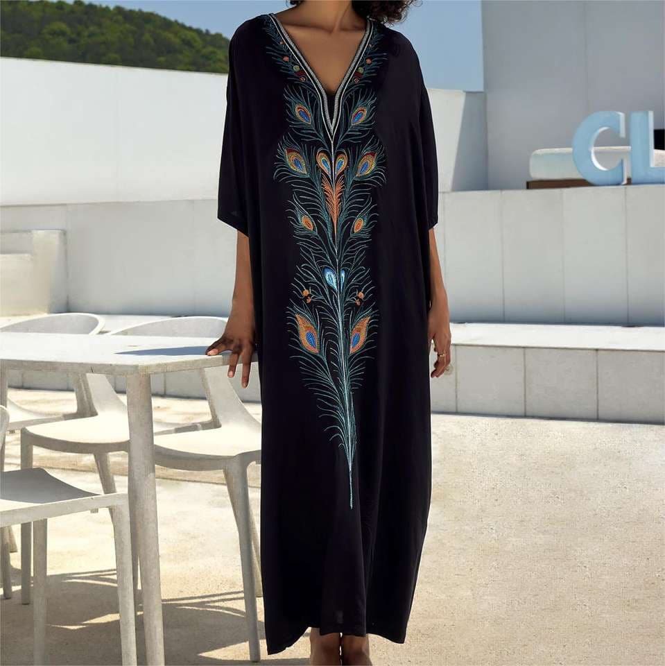 Flower Black Women Long Dress V Neck Rayon Holiday Skirt Bikini Cover up Wholesale